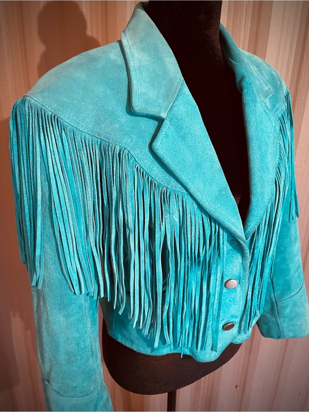 RARE VTG Pioneer Wear Fringe Suede Jacket TURQUOISE Crop Western 12 ? USA